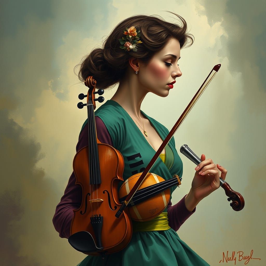 Elegant Woman with Treble Clef and Rugby Ball