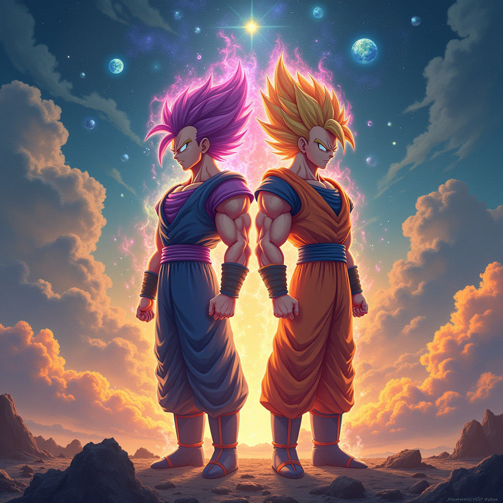 Gogeta and Vegeto Fusion in a Fantastical Landscape