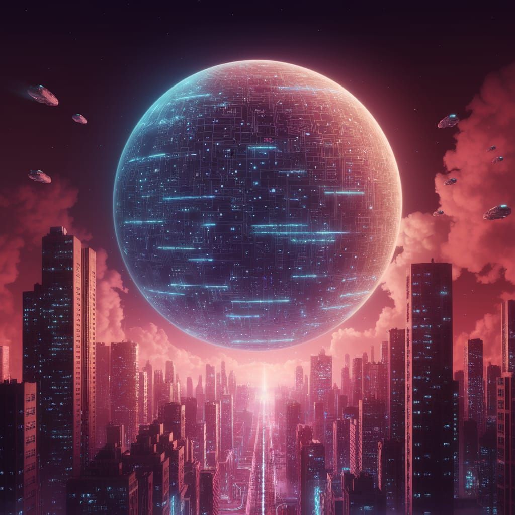 Cyberpunk Cityscape Illuminated by Glowing Electronic Moon