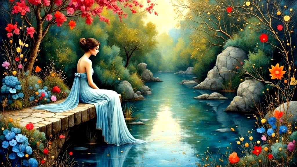 Lady in Garden Beside Pond in Oil Painting Style