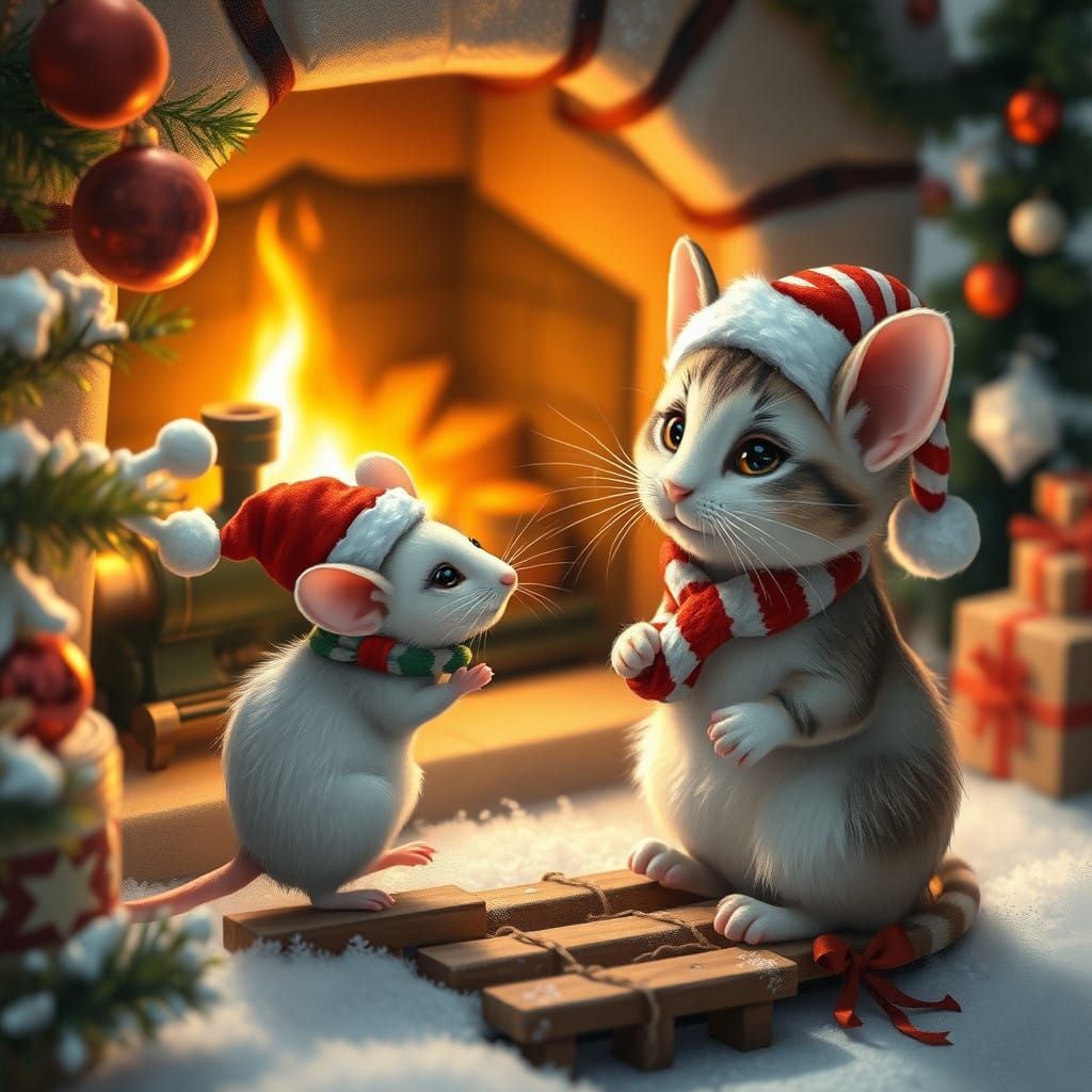 Joyful Christmas Mouse and Cat Playtime Scene