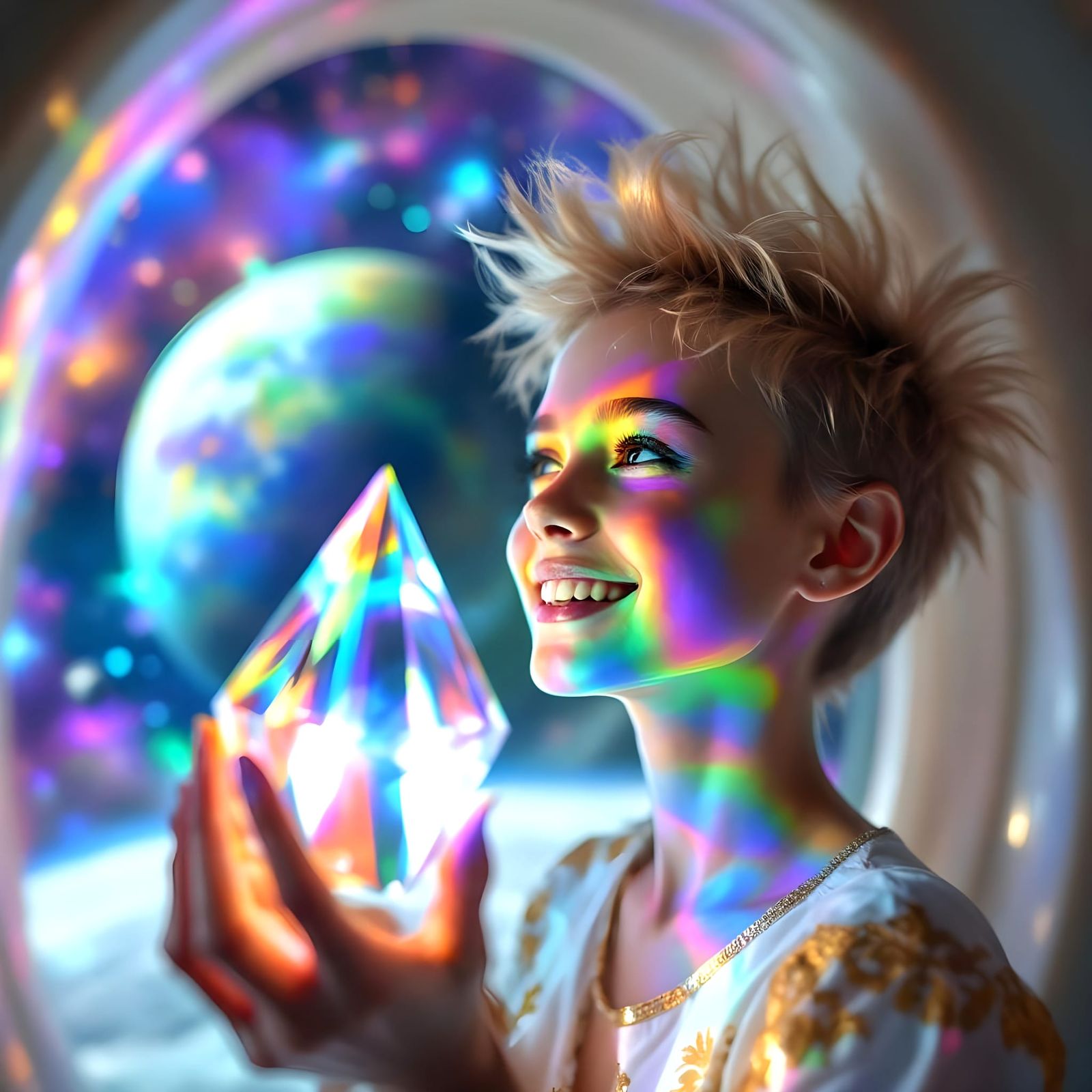 Girl with Prism Refracting Rainbow Light