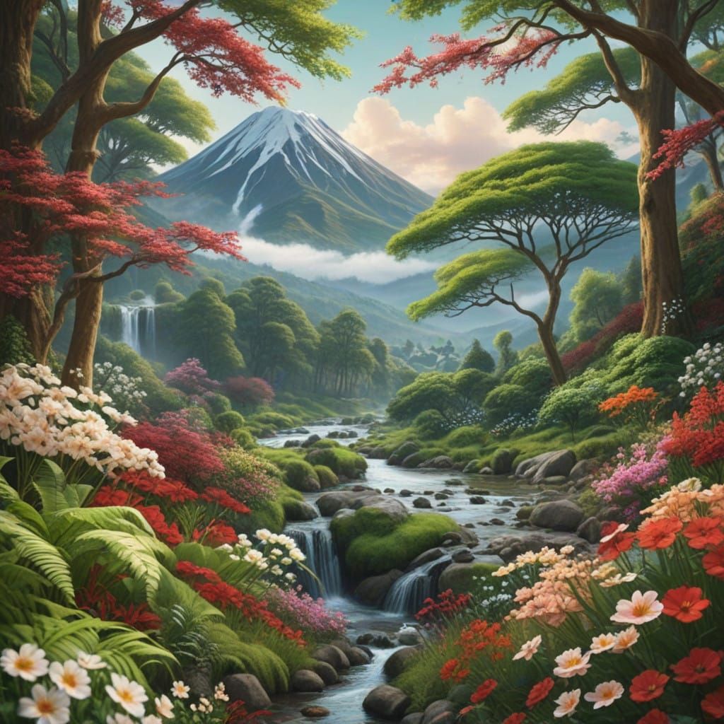 Hyperrealistic Landscape with Vibrant Flowers and Majestic V...