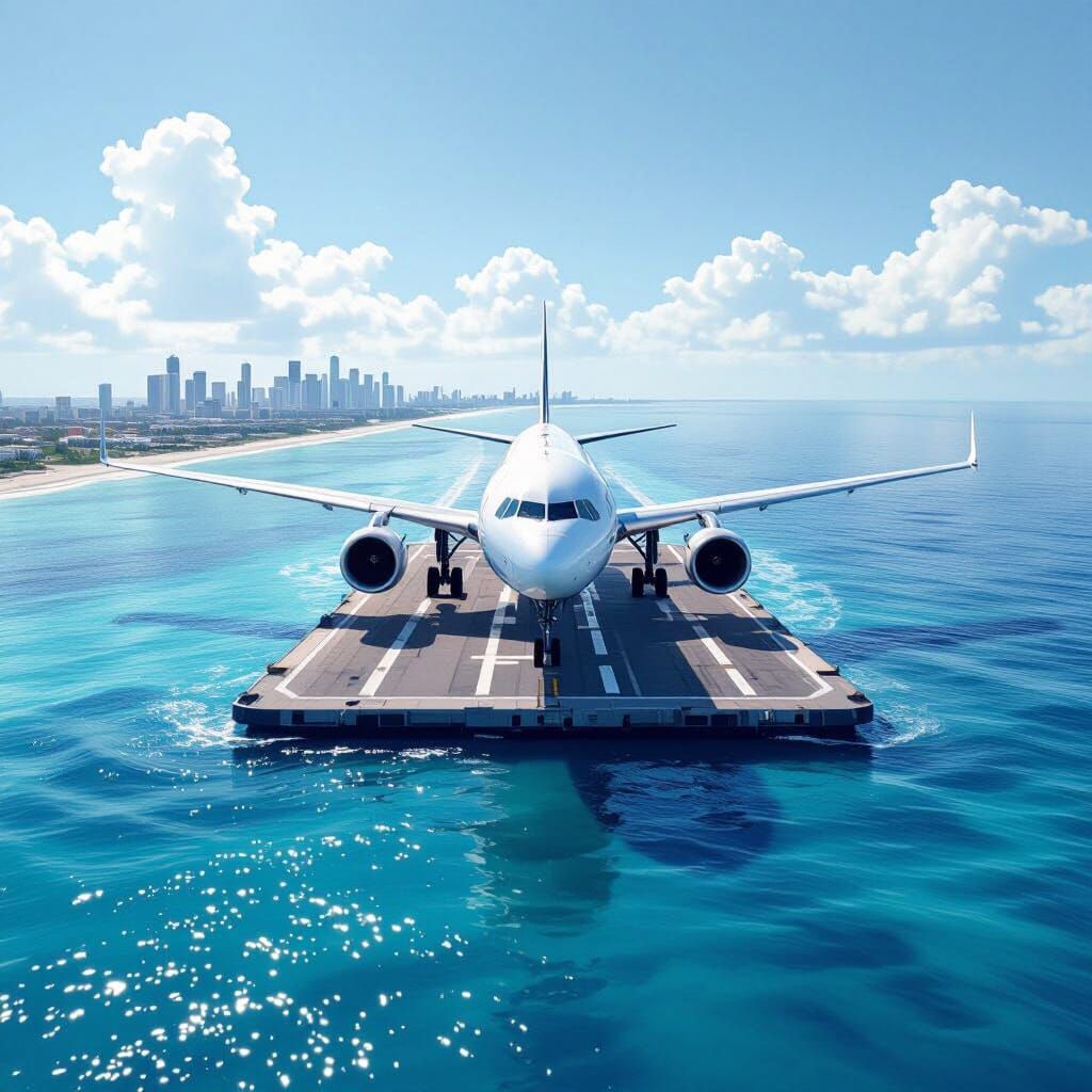 Airplane Landing at Floating Airport Over Ocean