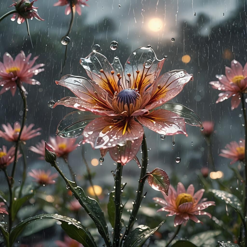 Glass Flower in Rainy Fantasy Scene