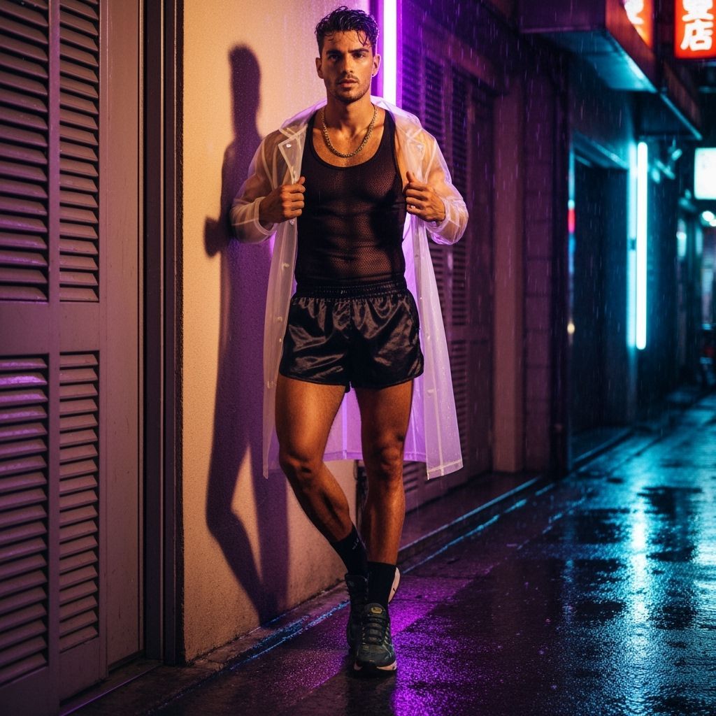 Man on Neon Asian Street in Rain