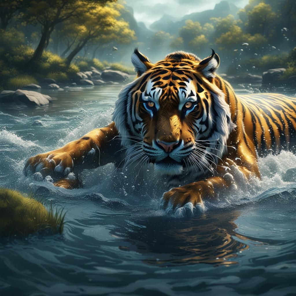 Tiger Swimming in River: Detailed Fantasy Art