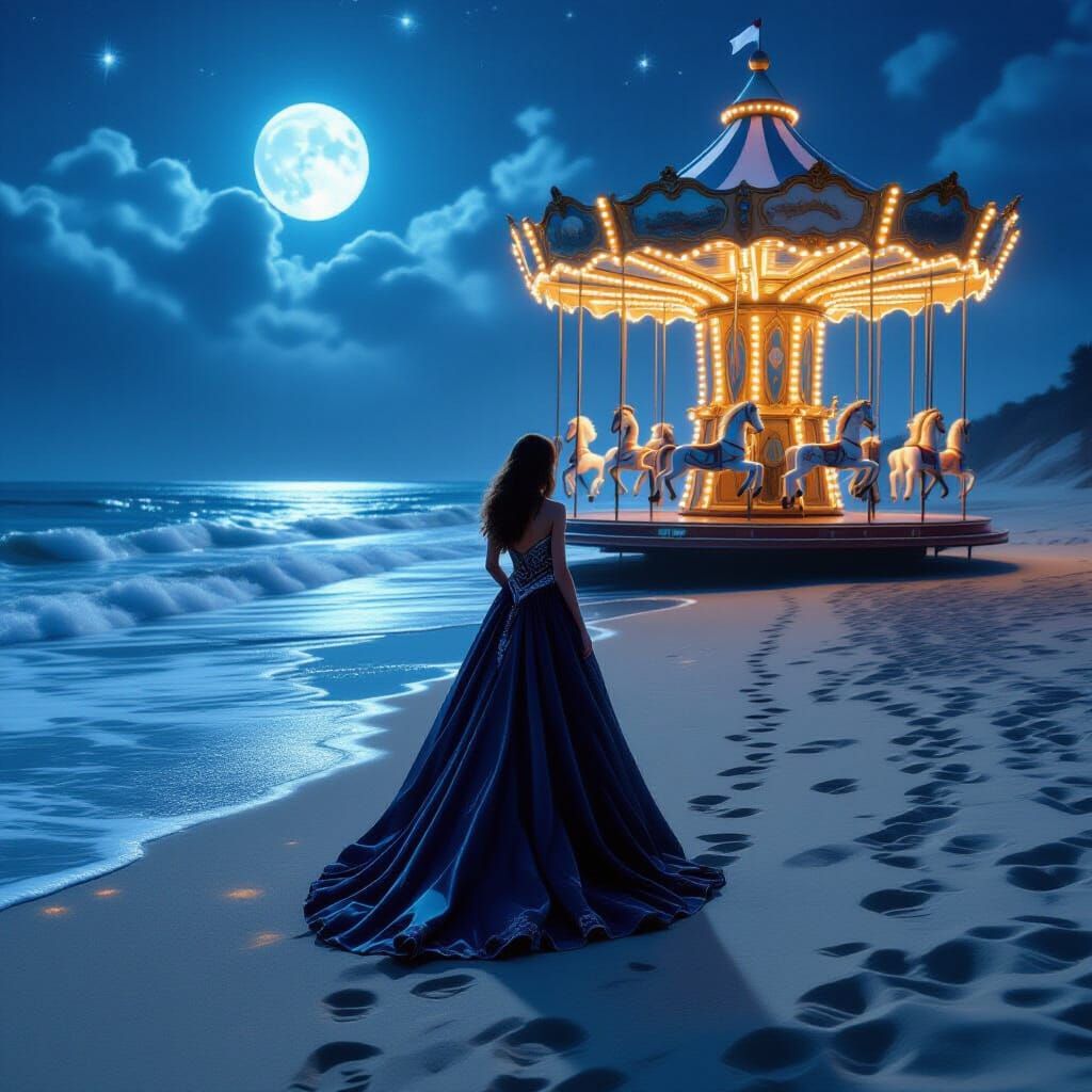 Ethereal Beach Scene with Futuristic Carousel