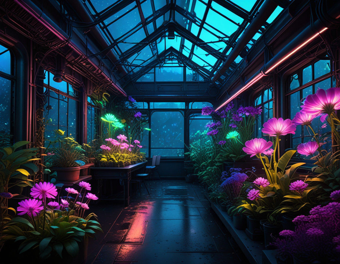 Surreal Cyberpunk Greenhouse Blooms with Bioluminescent Flow...