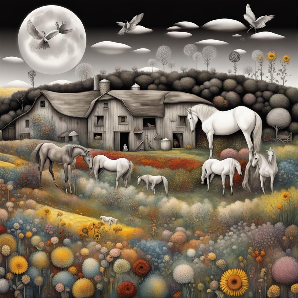 Enchanted Farm: Surreal Dreamscape in Grayscale and Color
