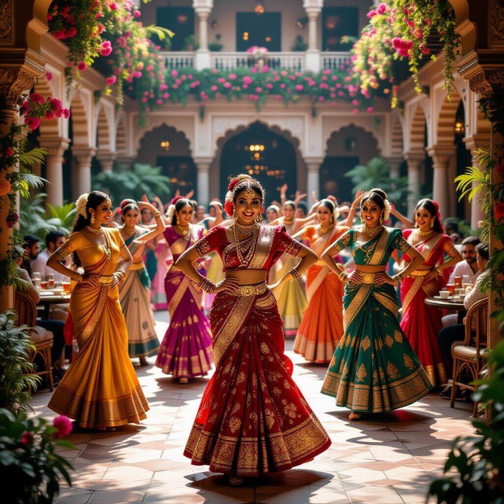 Bollywood Dancers in Extravagant Costumes, Cinematic Style