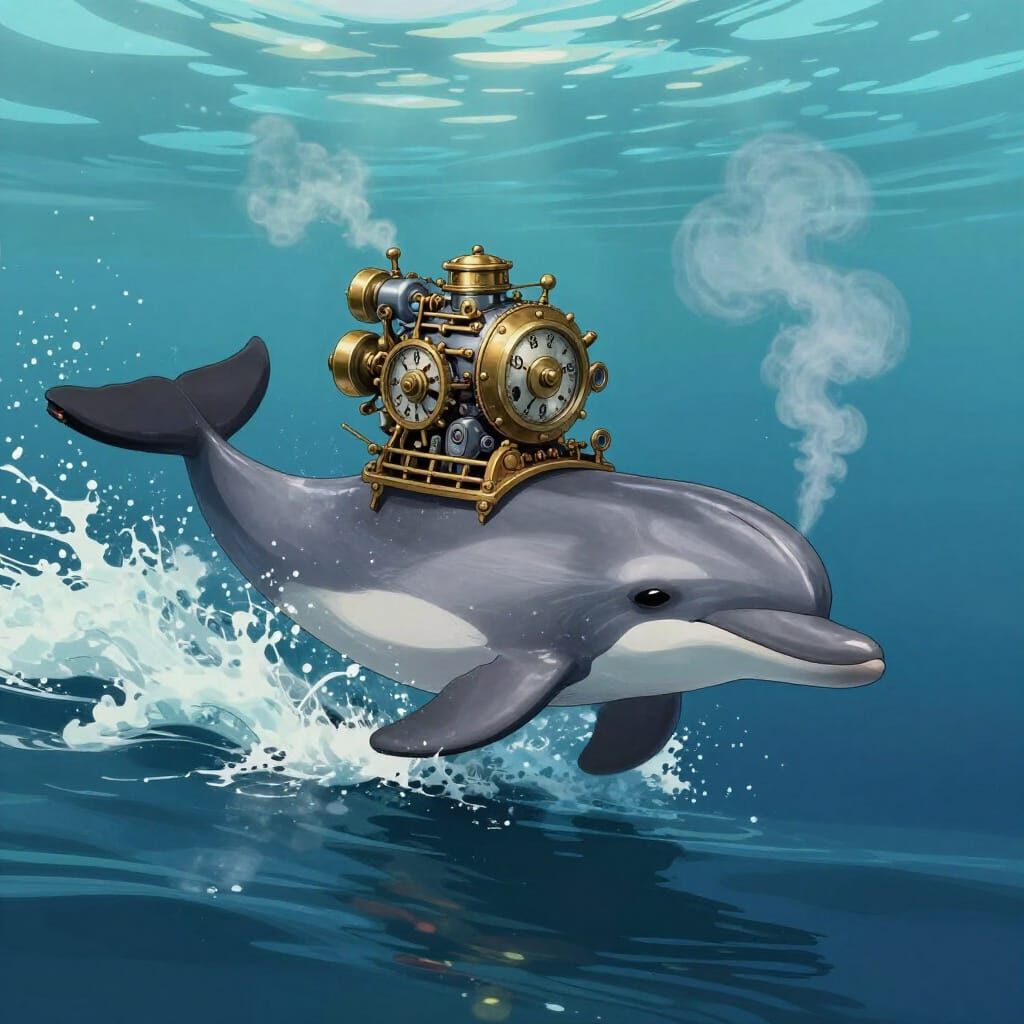 Steampunk Dolphin Surfs Ocean Wave with Intricate Engine