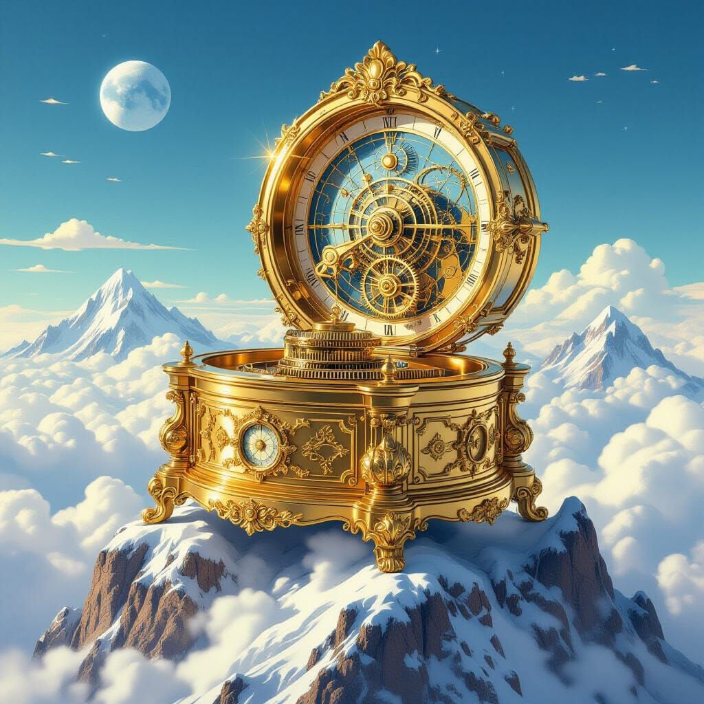 Ornate Music Box on Mountain Peak: Steampunk Adventure