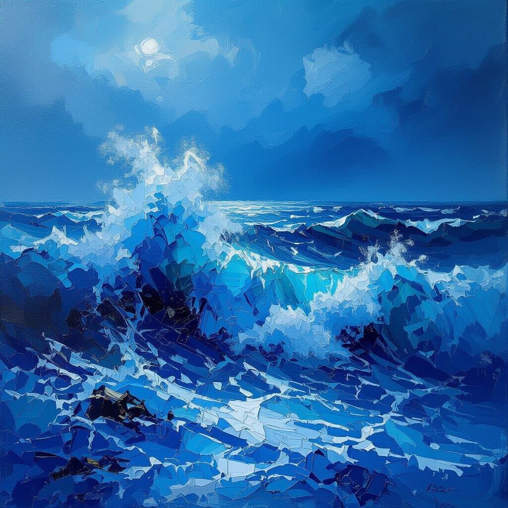 Cobalt Blue Seascape With Crashing Waves In Impasto Oil Styl...