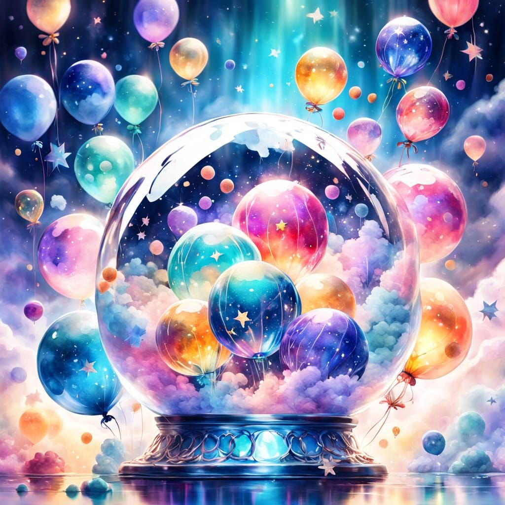 Cosmic Balloons in Glass Ball, Watercolor Fantasy