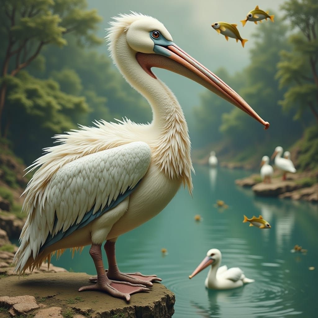 Whimsical Pelican in Surreal Pond with Jumping Fish