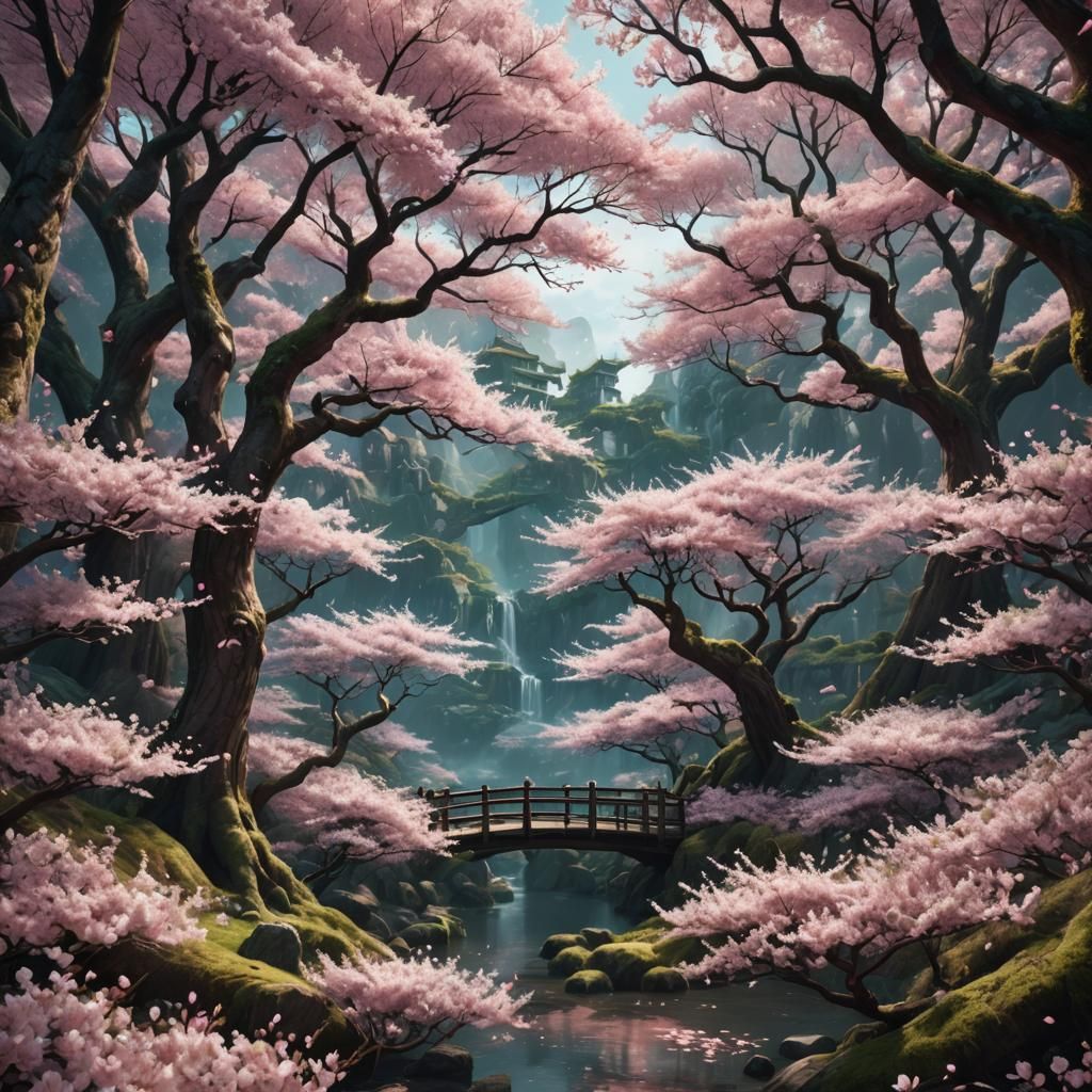 Fantastical Cherry Blossom Forest in Detailed Matte Painting