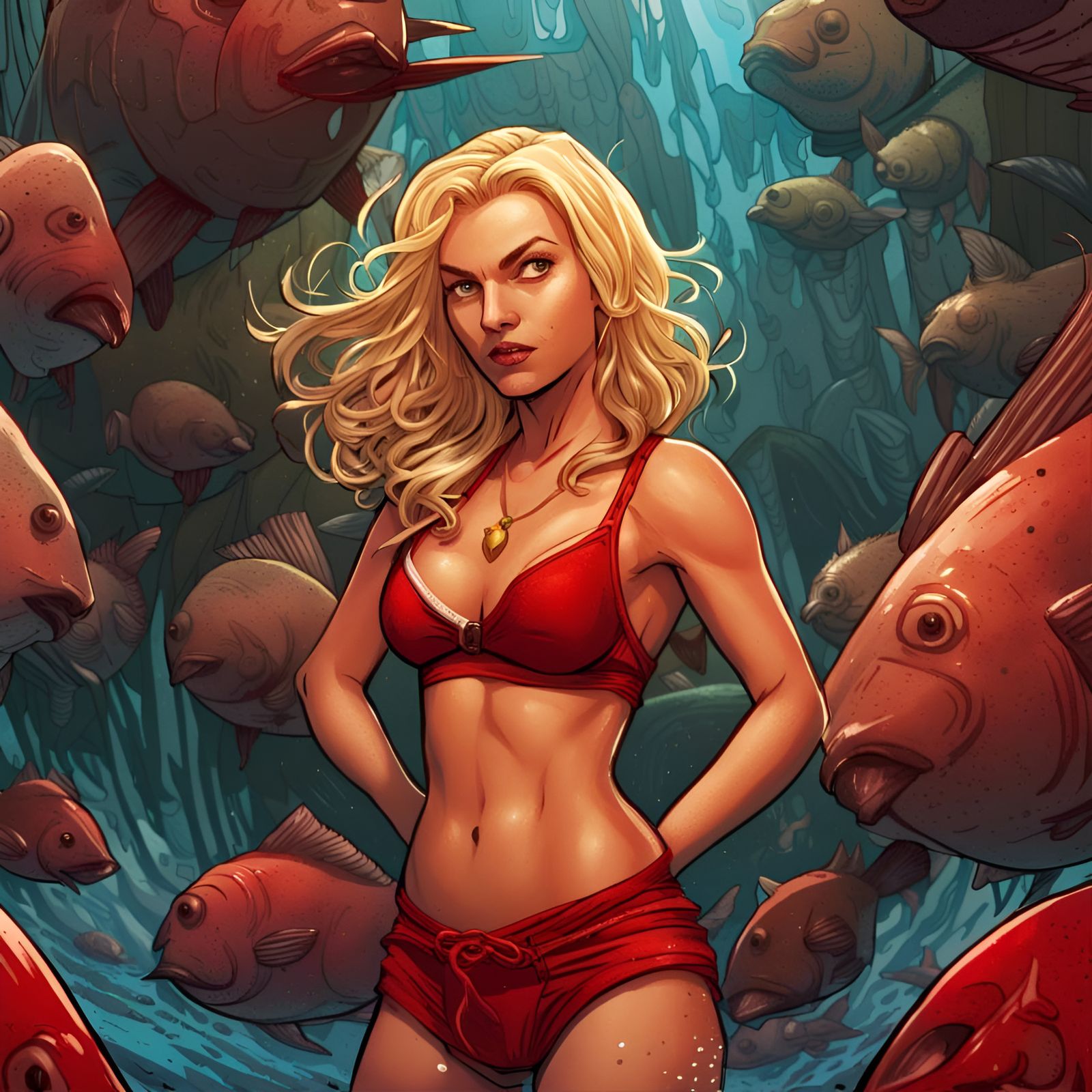 Blonde Woman with Flatfish in Comic Book Style