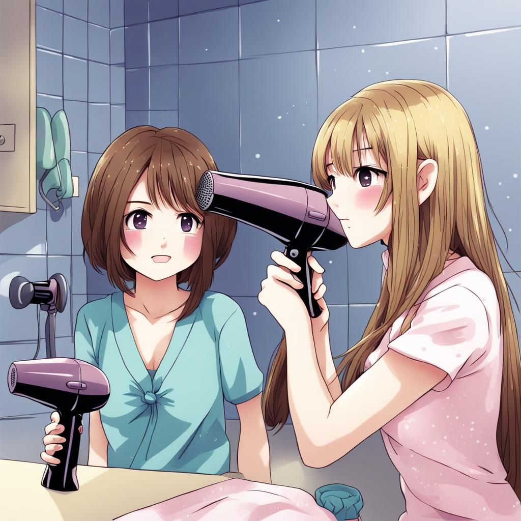 Anime-Style Image of Girls with Hairdryer