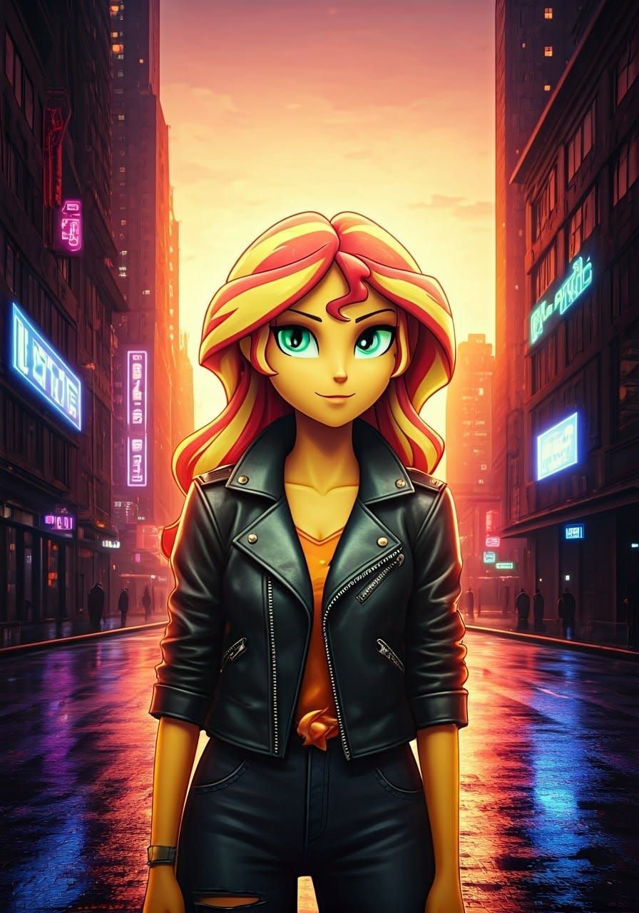 Cyberpunk Sunset: Dynamic Character in a Neon Cityscape