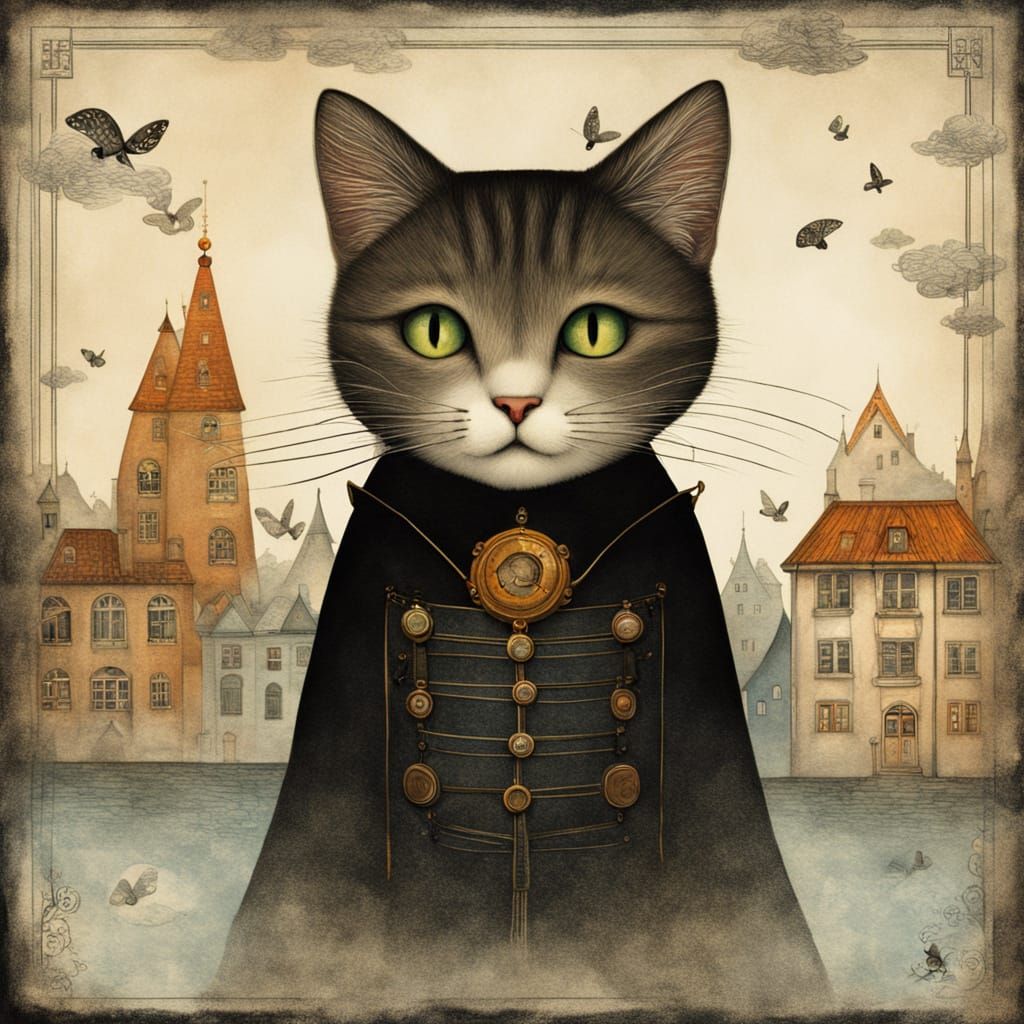 Anthropomorphic Cat City Map in Chinese Ink Painting