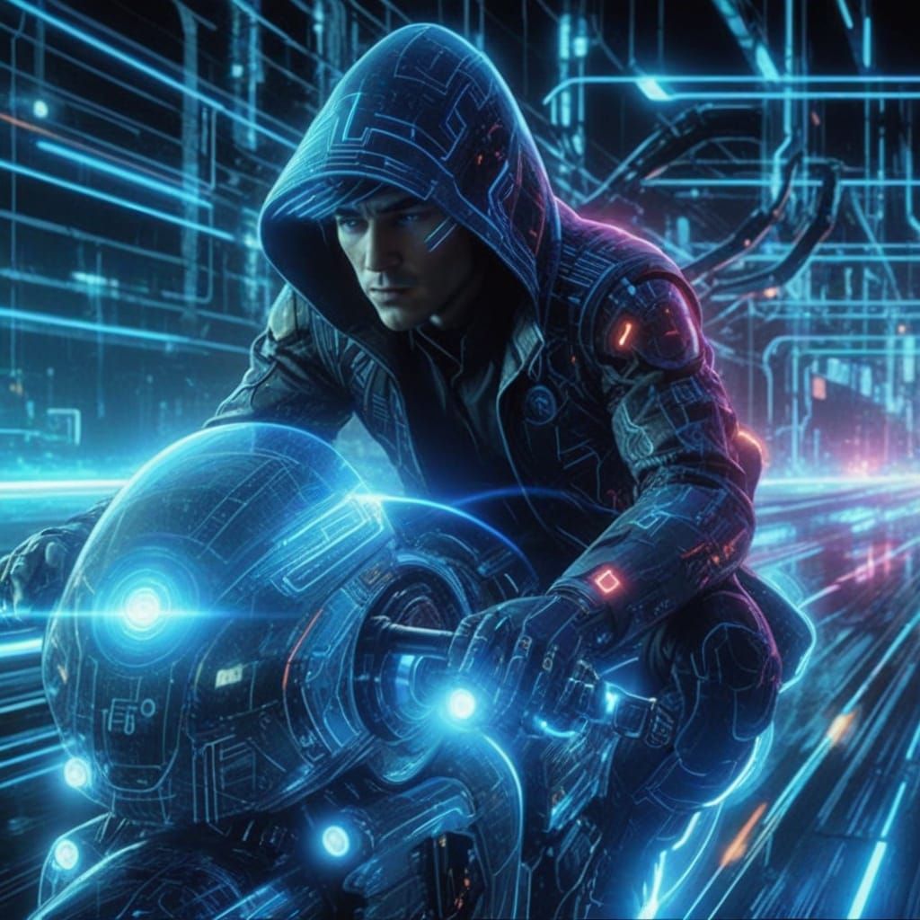 Tron Pop Wizard on Light Cycle in Neon Futurism