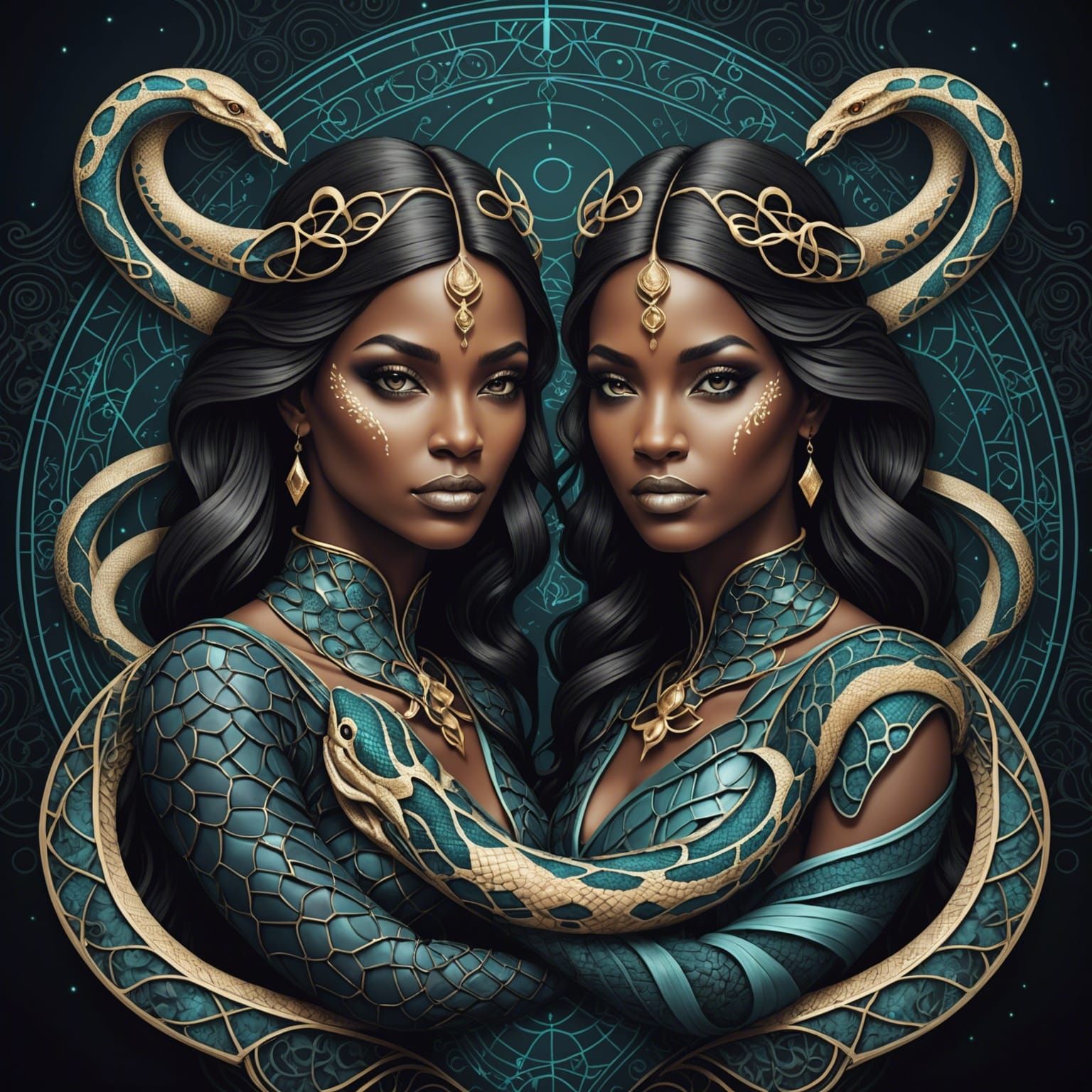 Gemini Zodiac Woman with Mystic Snakes
