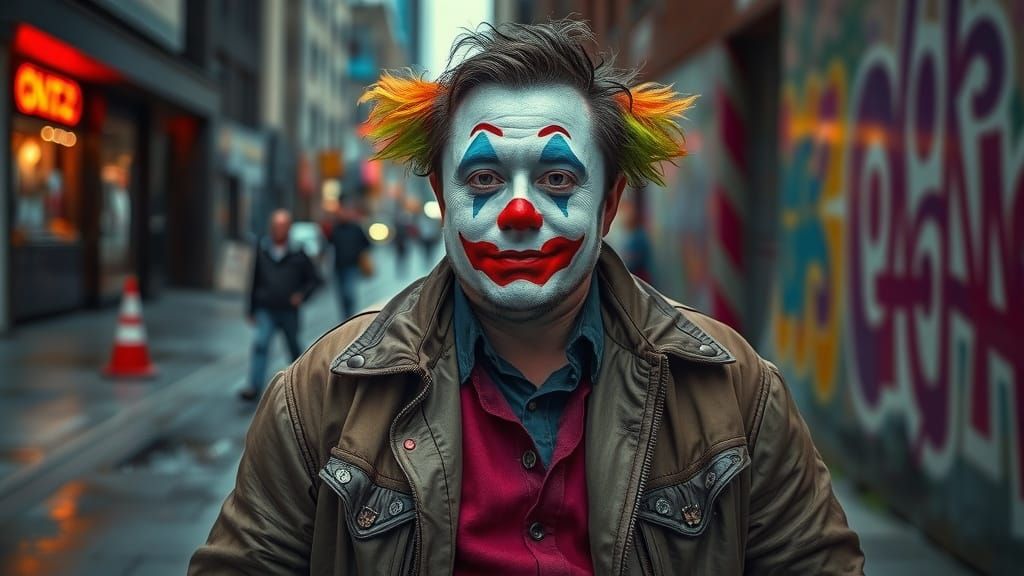 Elon Musk as Street Clown: Cinematic Portrait