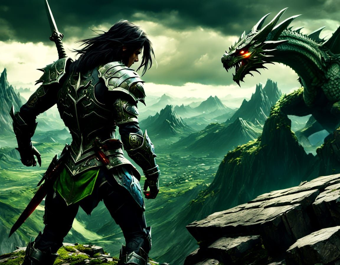 Knight Faces Distant Dragon on Stormy Mountain Peak