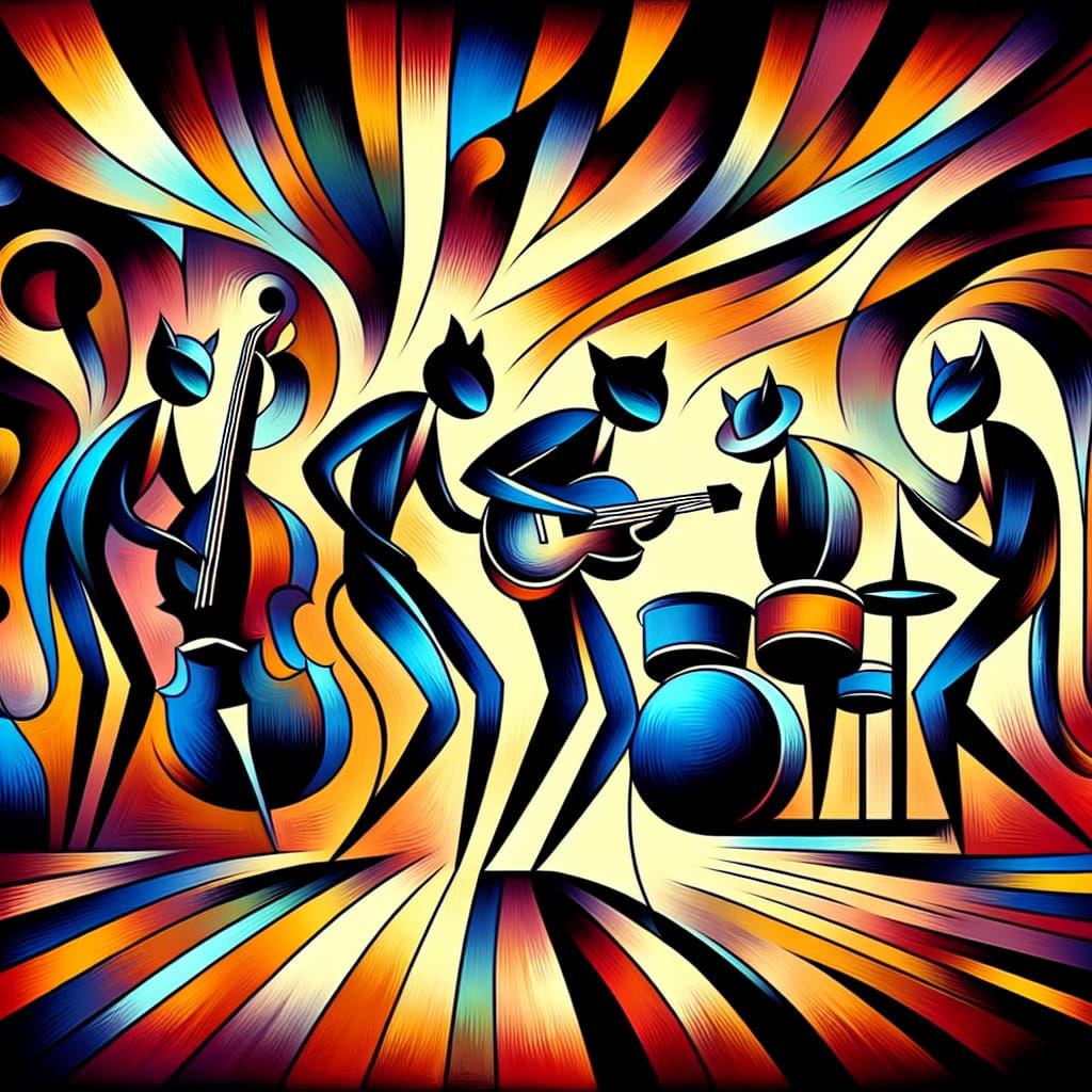 Abstract Jazz Scene with Feline Musicians
