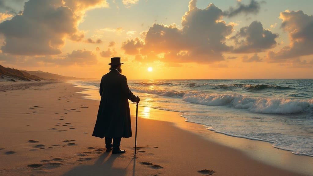 Elegant Victorian Gentleman Stands on Sandy Beach at Sunset