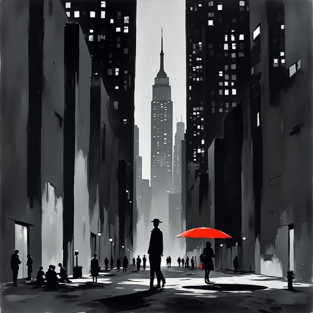 Brutalist Cityscape at Dusk with Red Umbrella
