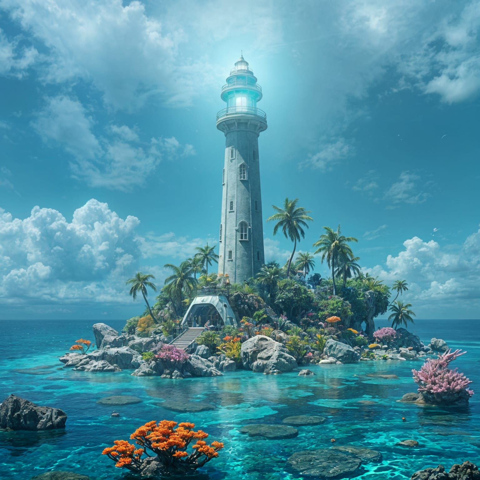 Bioluminescent Lighthouse Illuminates Tropical Island