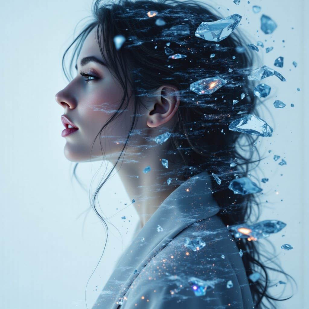 Crystalline Woman Portrait: Glacial Dual Exposure