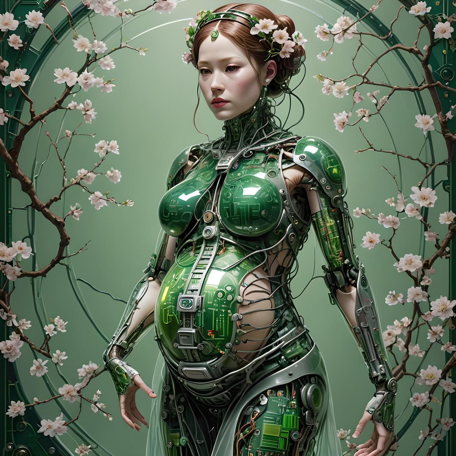 Elegant Pregnant Cyborg Princess with Cherry Blossoms