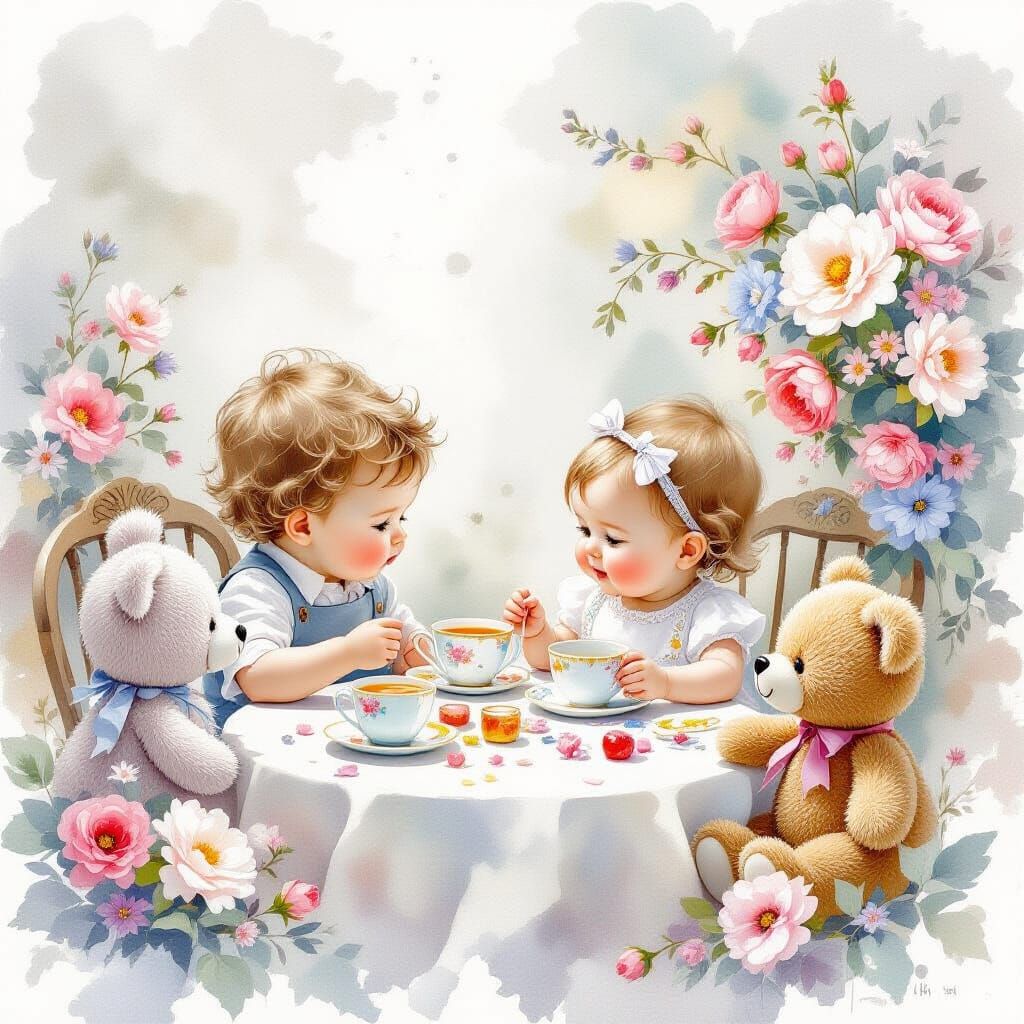 Ethereal Watercolour Tea Party with Flowers