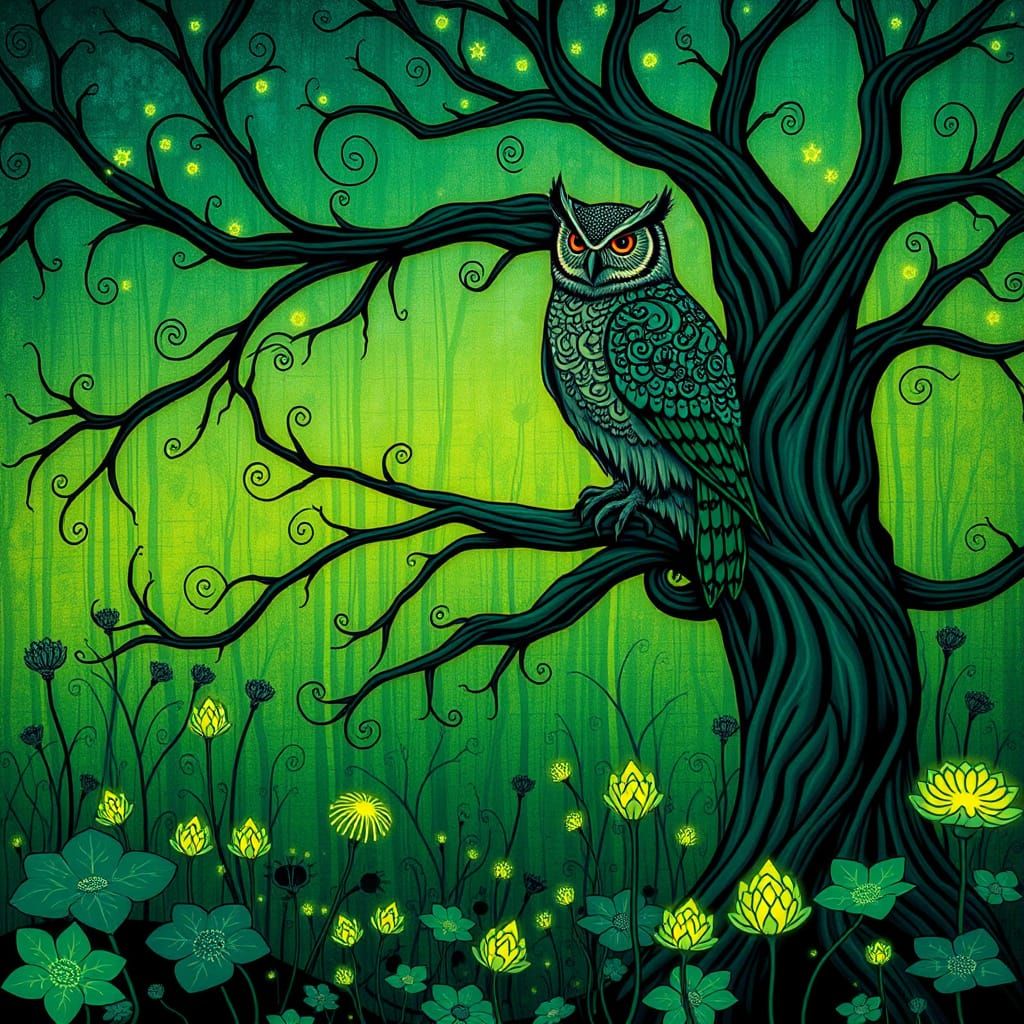 Art Nouveau Owl in Bioluminescent Forest