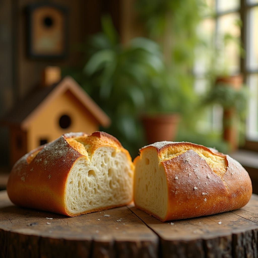 Warm Golden Bread on Rustic Table Beside Chalet in Lush Gree...