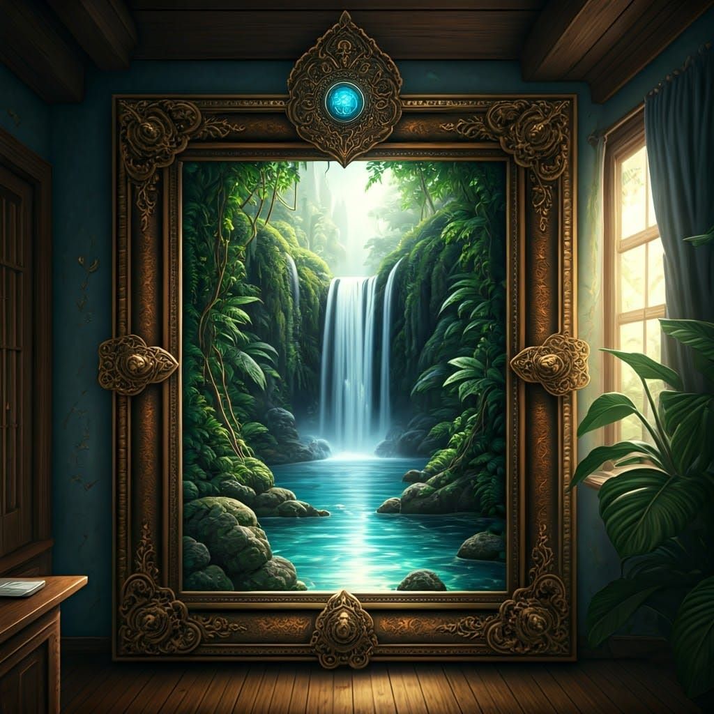 Waterfall Portal in Ornate Picture Frame, Fantasy Ambiance