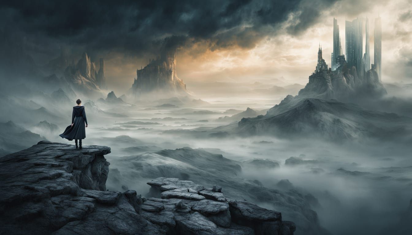 A Lone Figure in a Surreal, Misty Sci-Fi Landscape