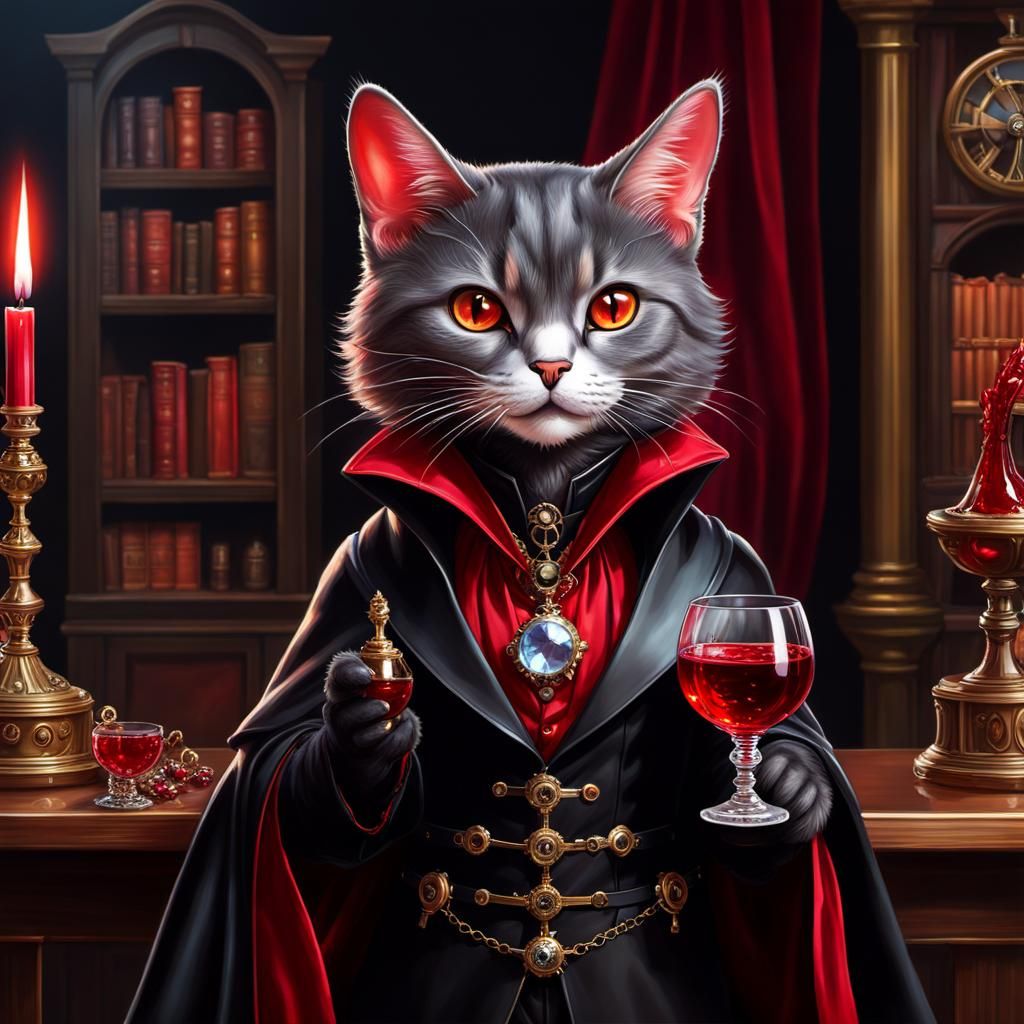 Steampunk Vampire Cat Enjoying Blood Goblet