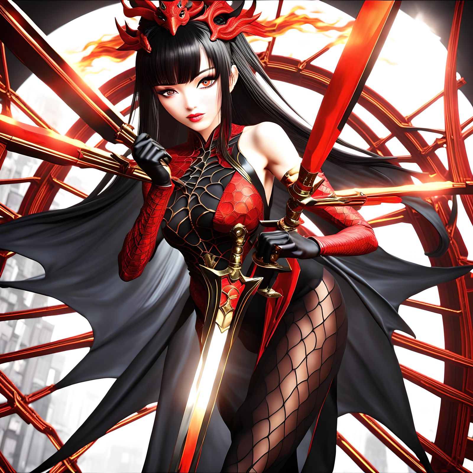 Anime Fire Dragon Lady in Spiderweb Dress