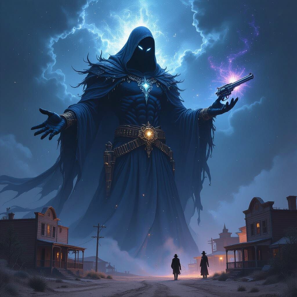 Cosmic Deity Over Old West Town in Dark Fantasy Style