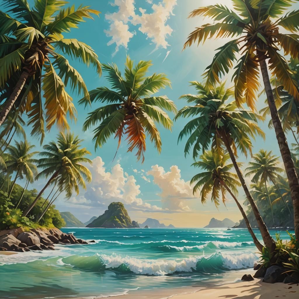 Island Paradise Cove with Turquoise Waves as Oil Painting