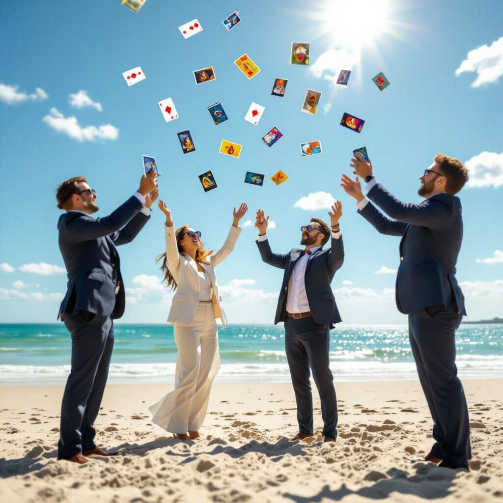 Business People Catching Falling Trading Cards on Sunny Beac...