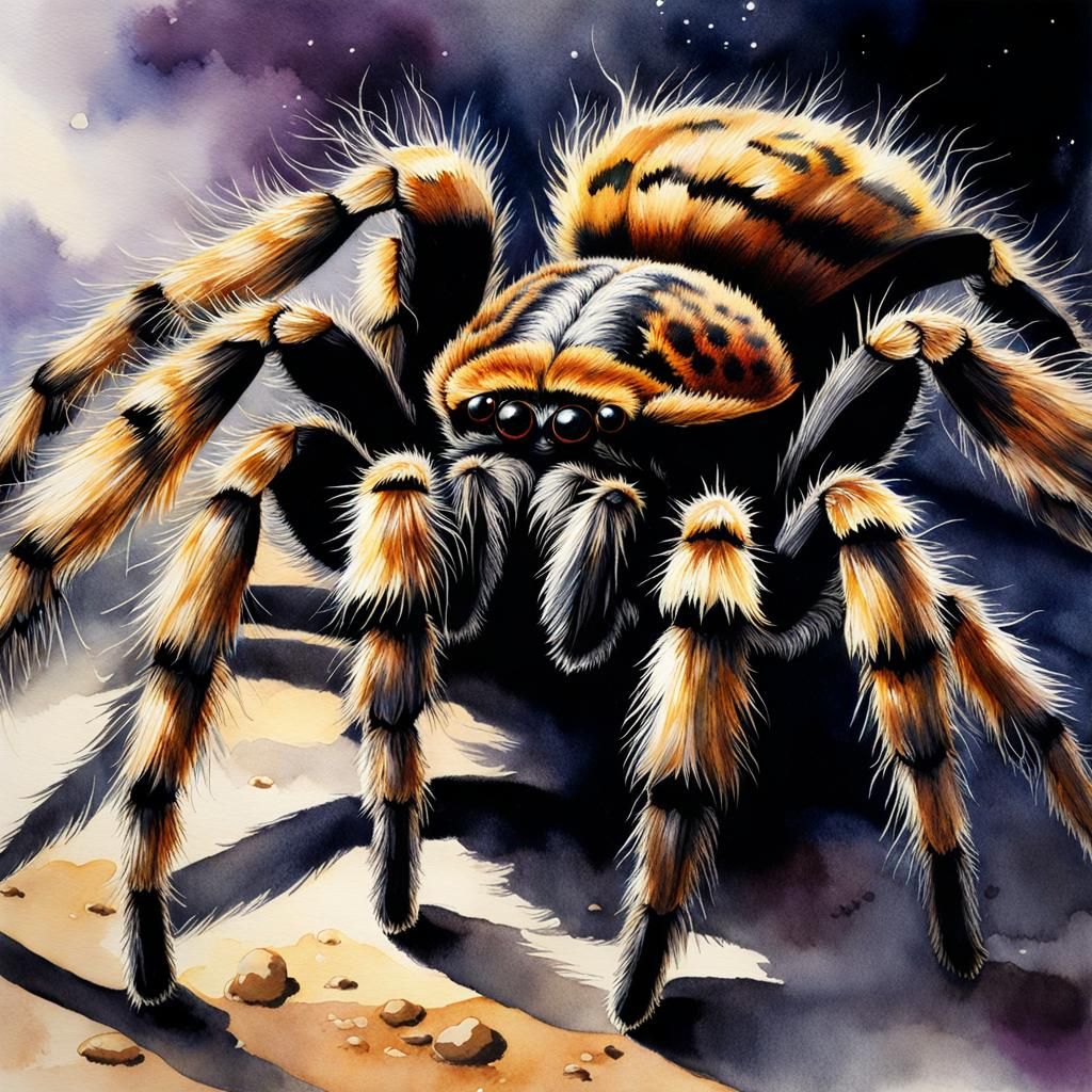 Giant Furry Tarantula in Watercolor Ink Painting