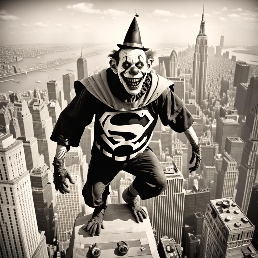 Zombie Clown Superman on Empire State Building in Sepia