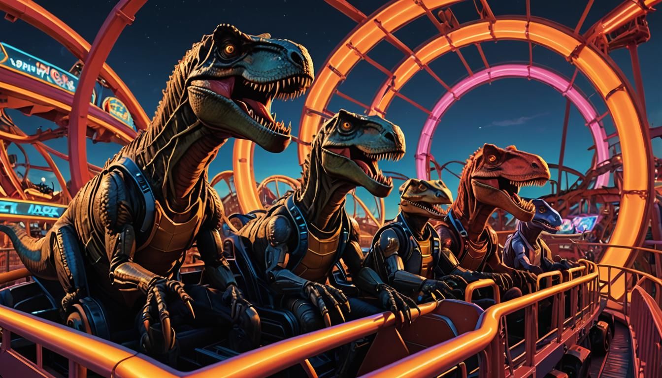 Dinosaurs Ride Roller Coaster in Neon Amusement Park