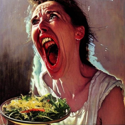 Bog Woman Screaming Eating Salad as Rockwell Painting