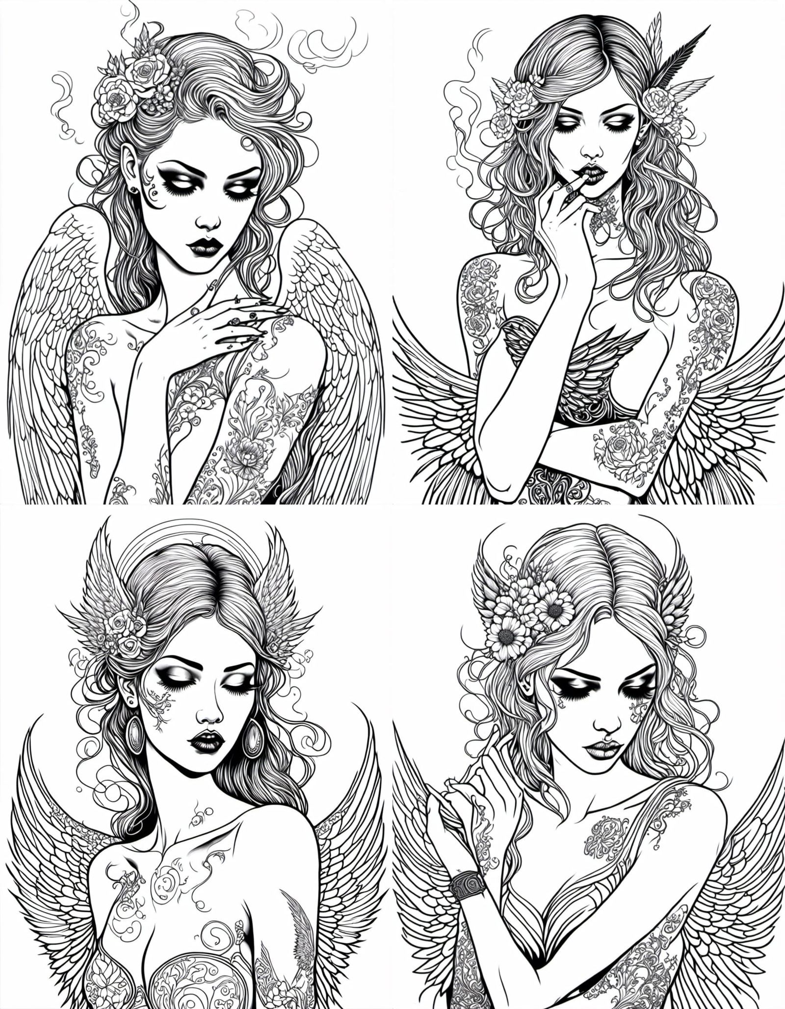 Goth Angel Smoking: Coloring Book Style Illustration